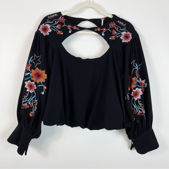 Free People Lita Embroidered Cut Out Long Sleeve Blouse Black - Picture 4 of 11